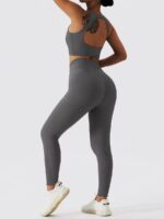 Stylish Comfy Combo: Open-Back Ribbed Crop Top and High-Waist Pockets Leggings Set for Women - Perfect for Yoga, Running, or Lounging!