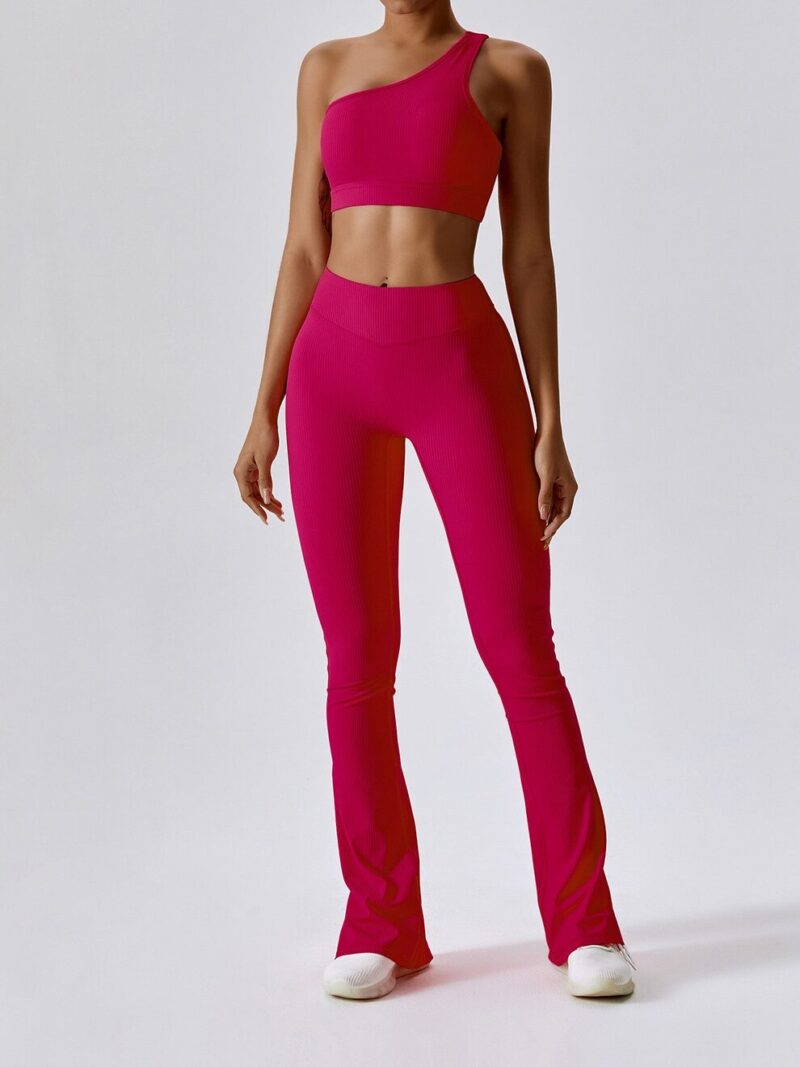 Stylish Ribbed One-Shoulder Sports Bra & Flattering High-Waisted Flared Bottom Pants Set - Perfect for Working Out & Everyday Wear