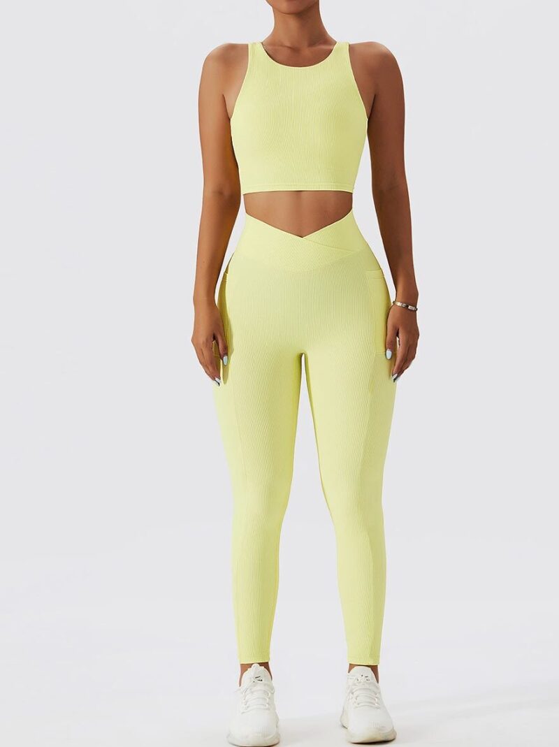 Stylish and Comfy Open-Back Ribbed Crop Top & High-Waist Pocket Leggings Set - Perfect for Workouts and Lounging!