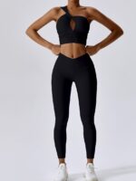 Take Your Workouts to the Next Level with this Sexy One Shoulder Scrunch Sports Bra & V-Waist Sports Leggings Set - Perfect for Yoga, Running, Pilates & More!