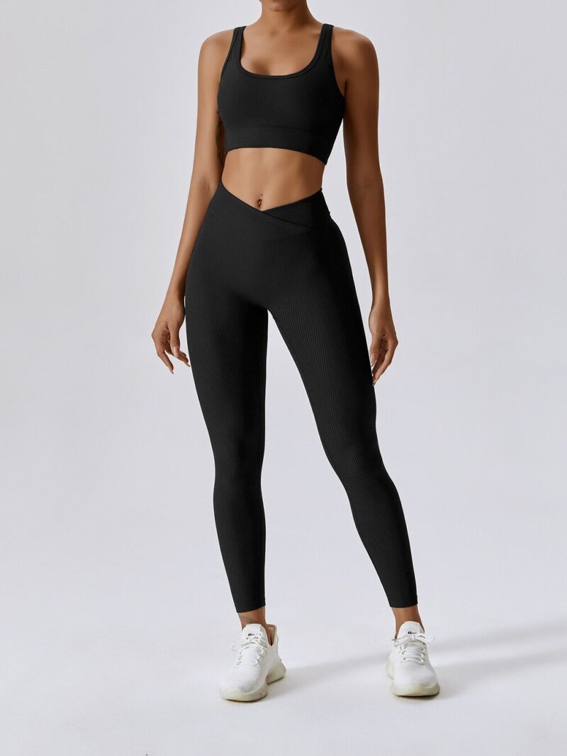 This Ribbed Backless Strappy Sports Bra & Elastic V-Waist Leggings Set is the Perfect Combination for a Sexy, Sporty Look. The Soft Ribbed Fabric and Strappy Backless Design of the Bra and the