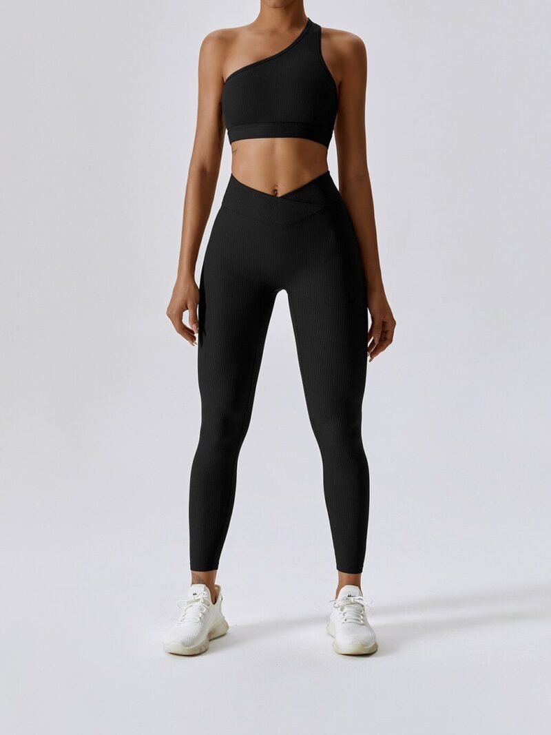 Womens Ribbed One-Shoulder Sports Bra & V-Waist Elastic Leggings Set - Trendy Activewear for Yoga, Running, Gym & More!