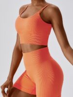 Womens Trendy Seamless Ribbed Sports Bra & High-Waisted Shorts Outfit Set for Activewear, Gym, Yoga, Running, Fitness, Exercise, and Athletic Wear