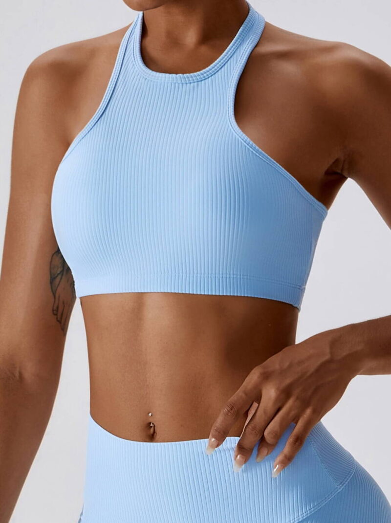 Athletic Comfort and Style: Ribbed Halter Neck Padded Sports Bra - Ideal for Yoga, Running, and Exercise