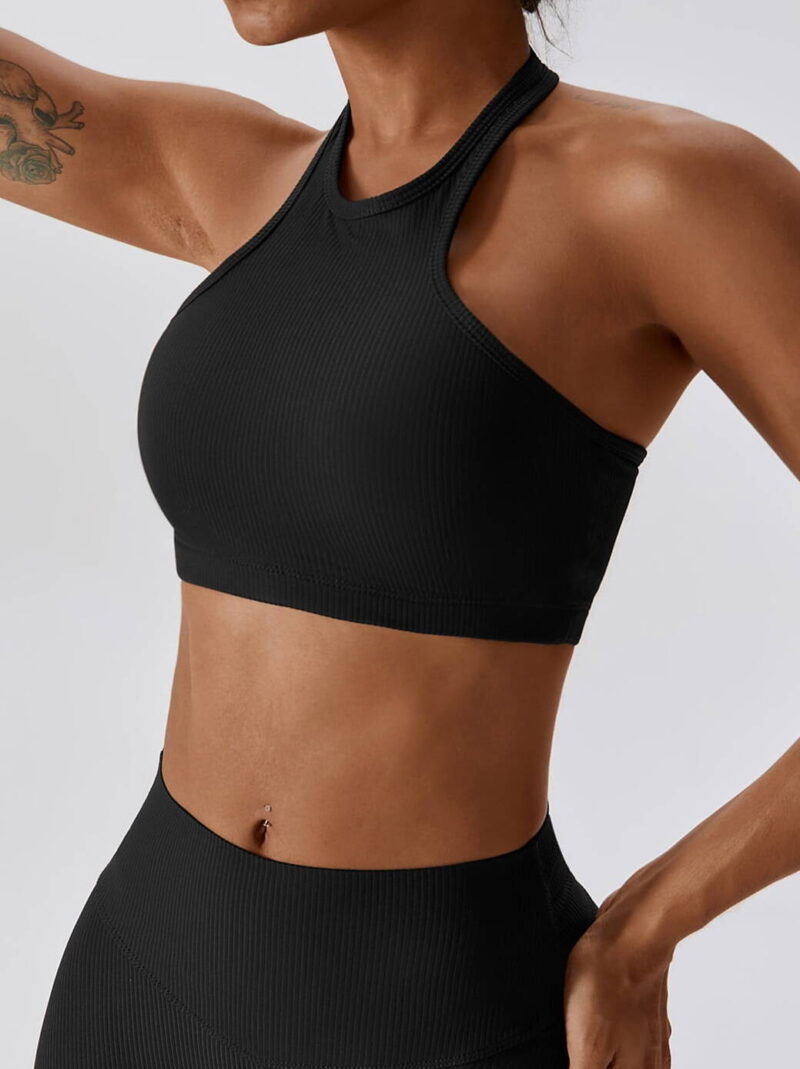 Beautiful Ribbed Halter Neck Padded Sports Bra for Women - Comfort & Support for Exercise & Athletics