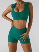 Dynamic Duo: High-Performance Ribbed Zip-Front Sports Bras and V-Waist Shorts Set for Maximum Impact