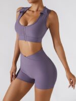Feel the Power! High-Impact Ribbed Zip-Front Sports Bra & V-Waist Shorts Set for Maximum Performance