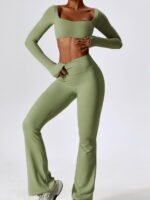 Flaunt Your Flair in This 2-Piece Long Sleeve Crop Top & High-Waist Scrunch Butt Flared Bottoms Pants Set - Show Off Your Style!