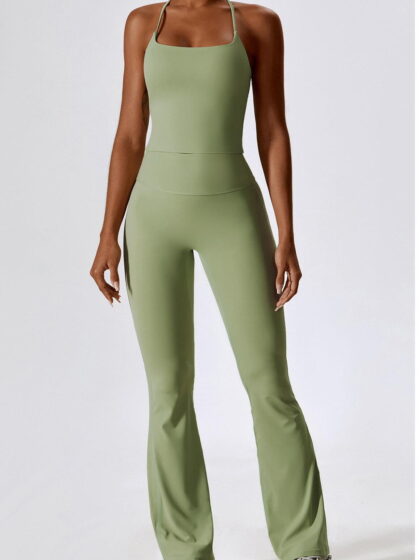 Flaunt Your Flair with this Fabulous 2-Piece Set: Built-in Bra Tank Top & High-Waist Flared Bottoms Pants