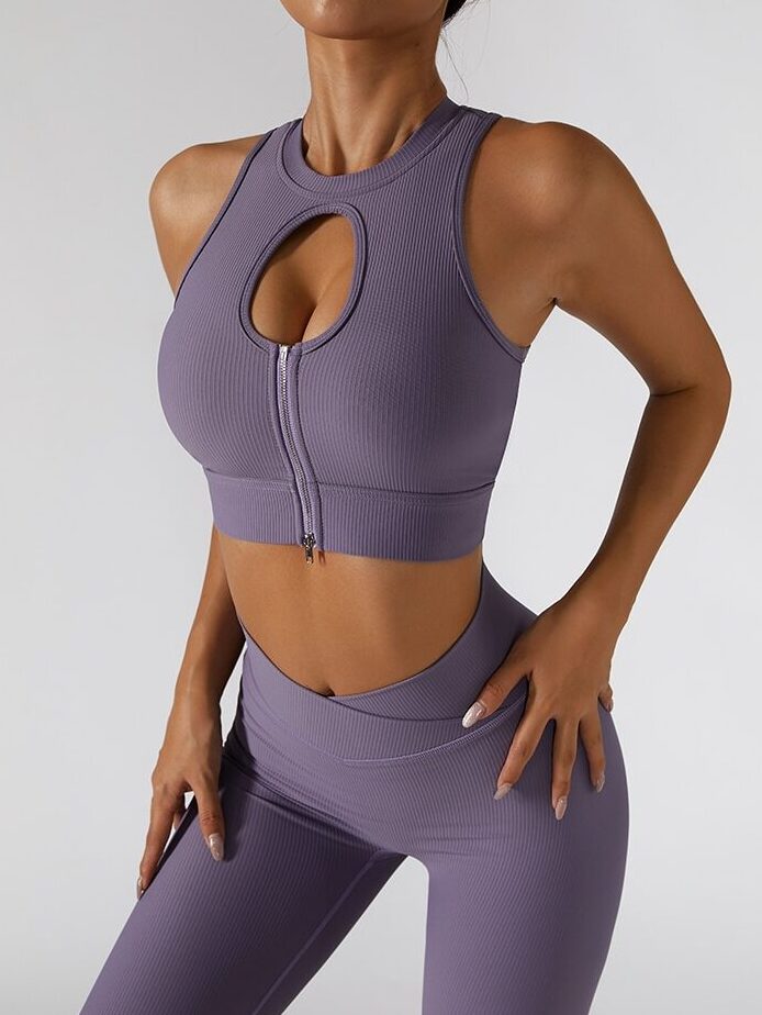 High-Performance Womens Ribbed Cut-Out Zipper Sports Bra & V-Waist Leggings Set for Maximum Comfort and Style