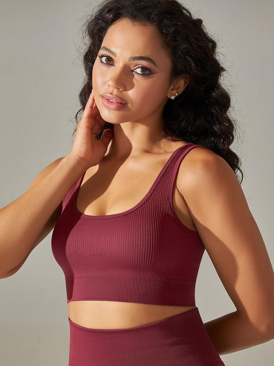 High Neck Ribbed Push Up Sports Bra Women Crossover Hem Cut-Out
