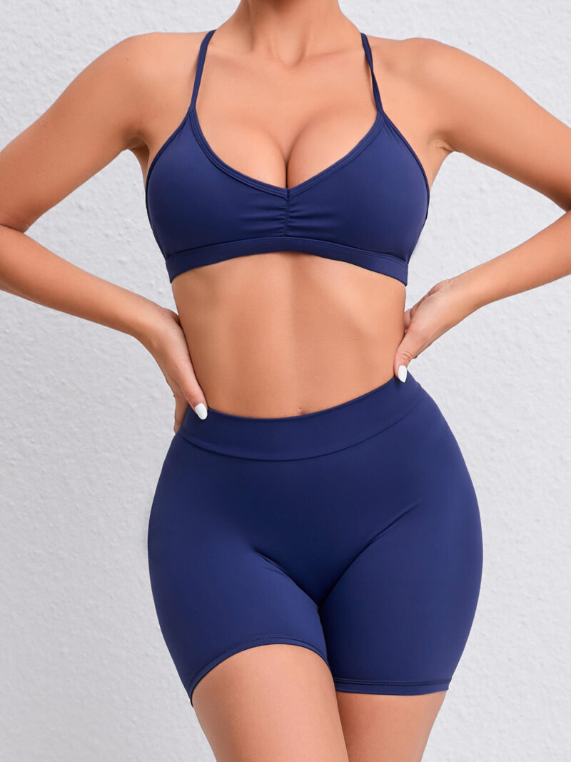 Look & Feel Amazing in this Halter Neck Spaghetti Strap Sports Bra & High Waist Scrunch Butt Shorts Combo - Perfect for Working Out or Lounging Around!