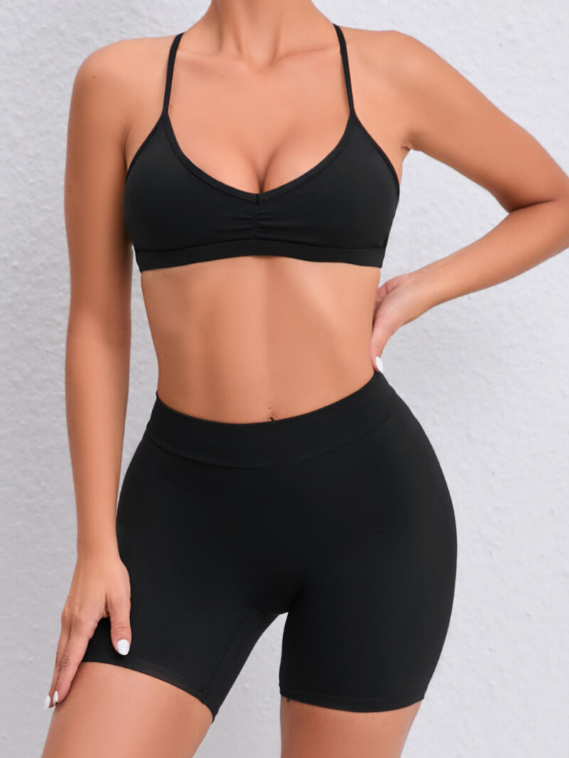 Look & Feel Fabulous In Our Halter Neck Spaghetti Strap Sports Bra & High Waist Scrunch Butt Shorts Set - Get Ready to Shine!