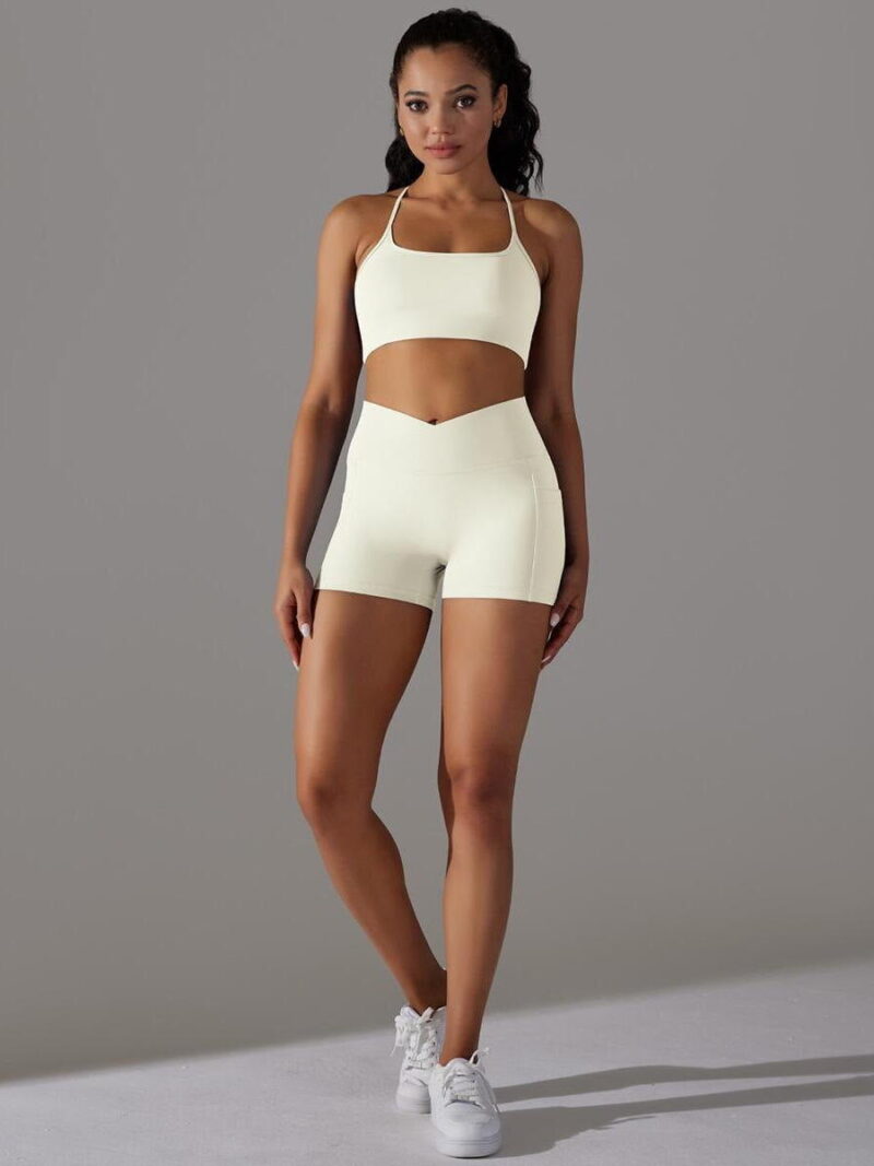 Look and Feel Amazing in Our Criss Cross Backless Sports Bra & High Waisted Scrunch Butt Shorts Set - Perfect for Your Workout!