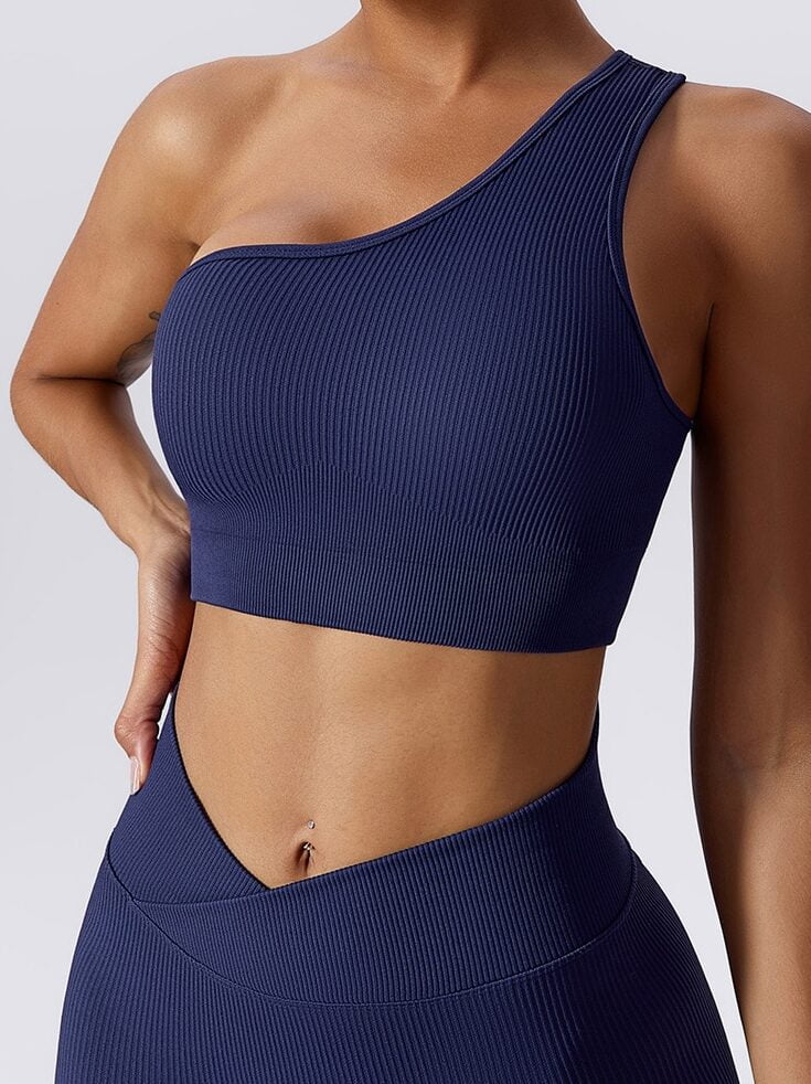 Luxurious Ribbed One-Shoulder Backless Sports Bra - Comfortably Supportive & Stylishly Sexy