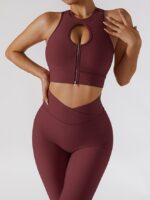 Ribbed, Cut-Out, Zippered, Athletic, Sports Bra & V-Shaped Waistband, Stretchy, Leggings Set – Feel Sexy & Supportive!