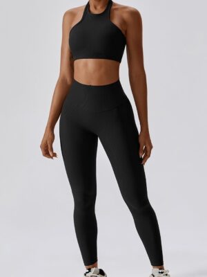 Ribbed High Neck Yoga Bra & High-Waisted Scrunch Butt Leggings Set: Elevate Your Workout with Stylish Support