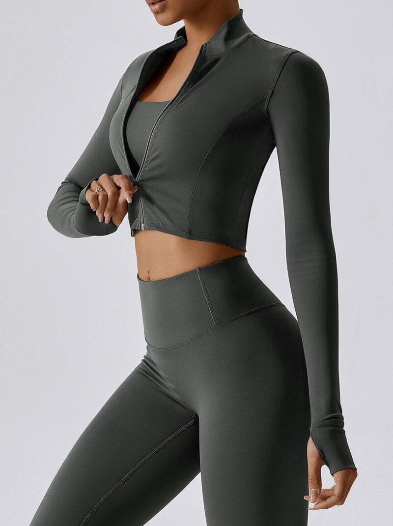 Sensational Zippered Crop Top Sports Jacket with Thumb Holes - Enjoy Comfort and Style!