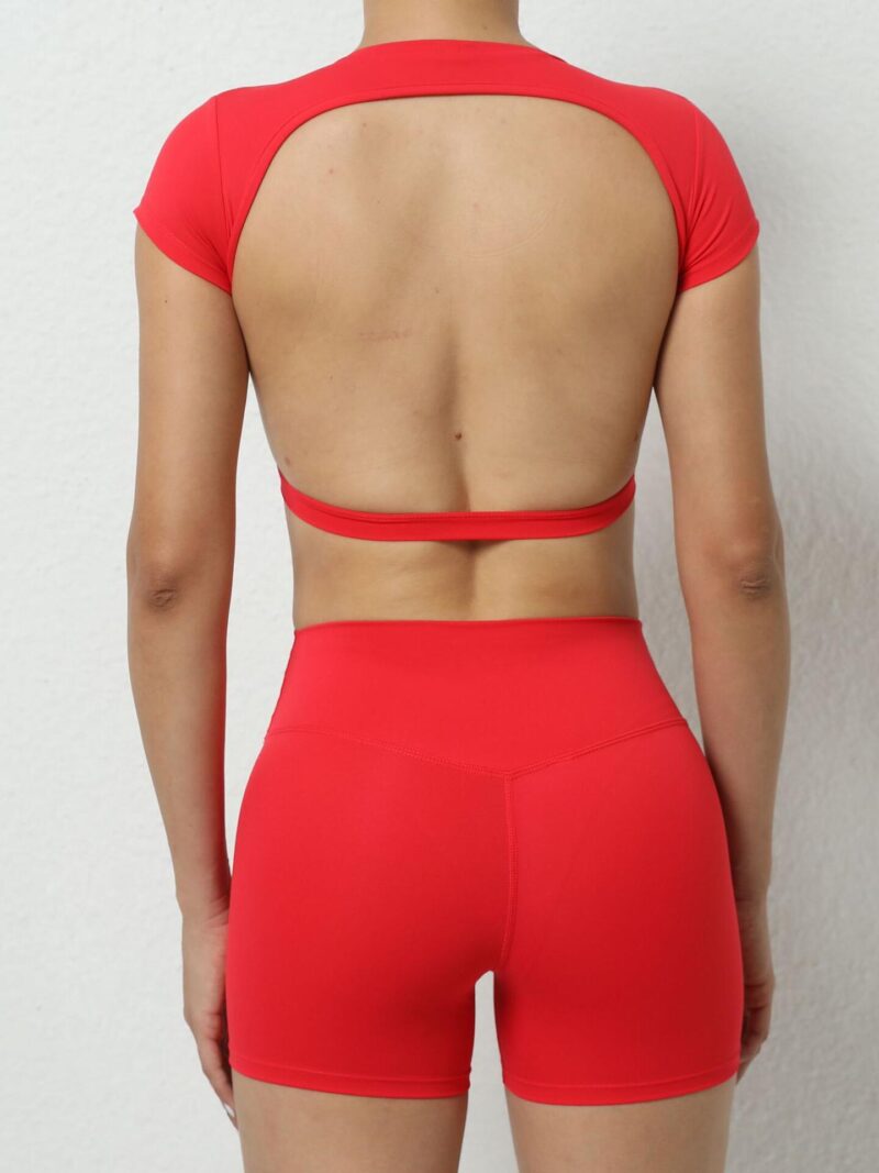 Sensual Backless Athletic Crop Top & High-Rise Workout Shorts Outfit - Perfect for Yoga, Running, Gym, and More!