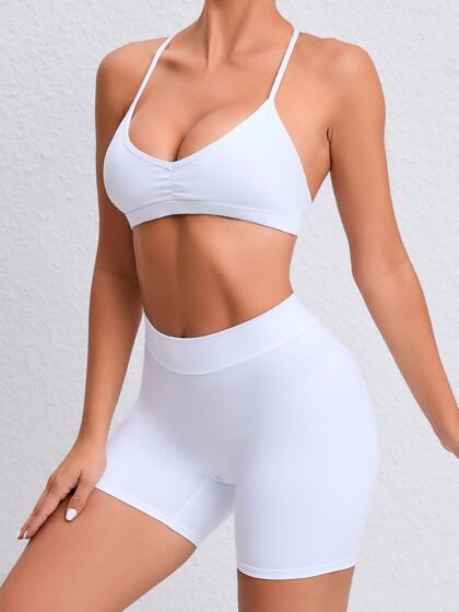 Sexy Halter Neck Spaghetti Strap Sports Bra & Flattering High Waist Scrunch Butt Shorts Set - Perfect for Working Out or Lounging!