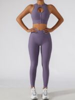 Sexy Ribbed Cut-Out Zipper Sports Bra & Sleek V-Waist Leggings Set - Perfect for Working Out!