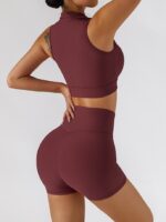 Sexy Sports Bra & V-Waist Booty Shorts Set: High-Impact Ribbed Zip-Front Workout Gear for Women