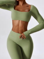 Sizzling 2-Piece Outfit: Long Sleeve Crop Top & High-Waist Scrunch Butt Flared Leg Bottoms Pants Set - Perfect for a Night Out!