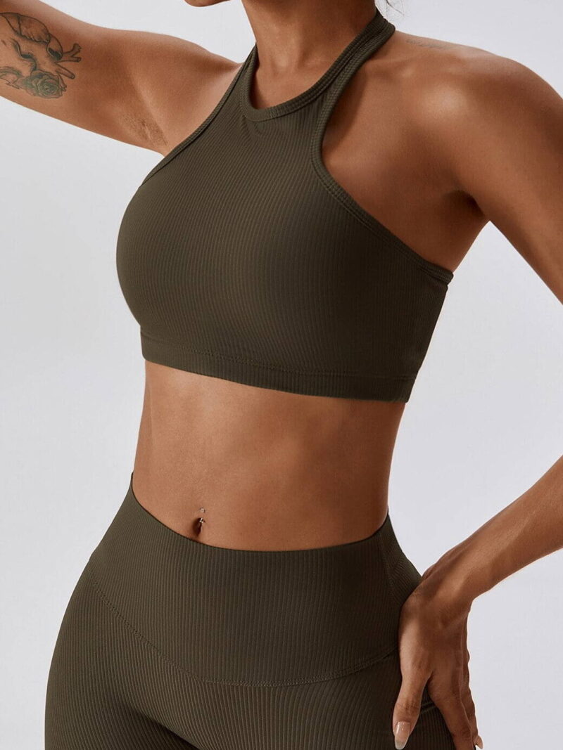 Sleek, Stylish Support: Ribbed Halter Neck Padded Sports Bra for Women, Athletic Activewear for Jogging, Yoga, and More!