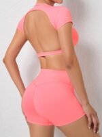 Sporty Backless Crop Top & High-Waisted Shorts Outfit, Activewear Set for Women, Trendy Gym Wear for Exercise, Stylish Fitness Apparel for Yoga, Athletic 2-Piece Set for Workouts