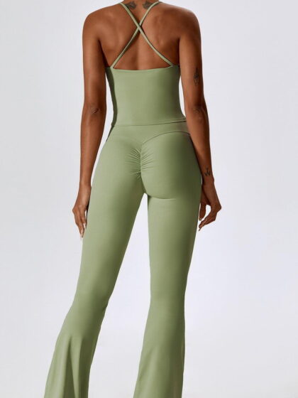 Stylish 2-Piece Set: Built-in Bra Tank Top & Flared High-Waisted Bottoms Pants - Trendy & Fashionable Look