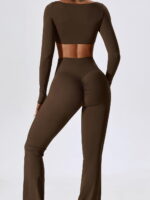 Stylish 2-Piece Womens Long Sleeve Crop Top & High-Waist Scrunch Butt Flared Bottoms Pants Set - Perfect for Any Occasion!
