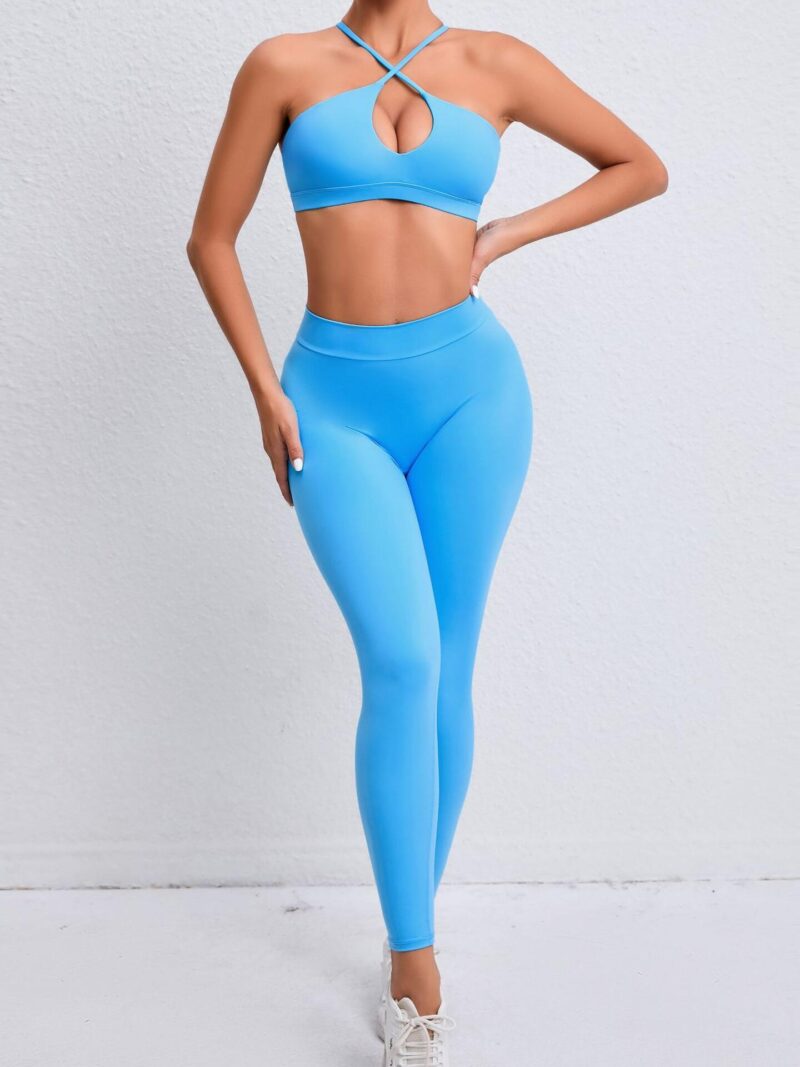 Stylish Spaghetti Strap Push-Up Yoga Bra & Flattering High-Waist Scrunch Butt Leggings Set - Perfect for Working Out & Looking Good!