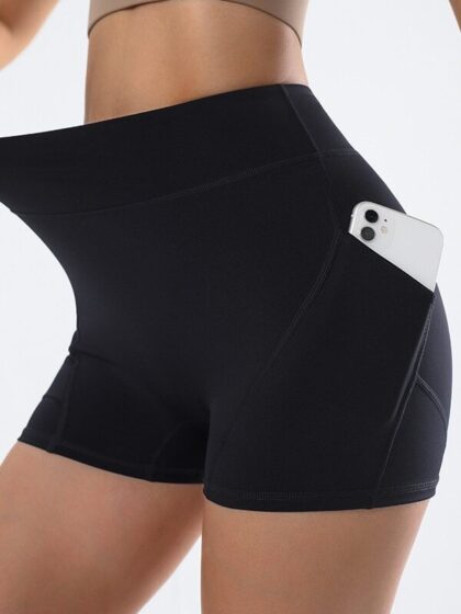 Stylishly Stretchy High-Rise Booty Enhancing Yoga Shorts with Convenient Pockets