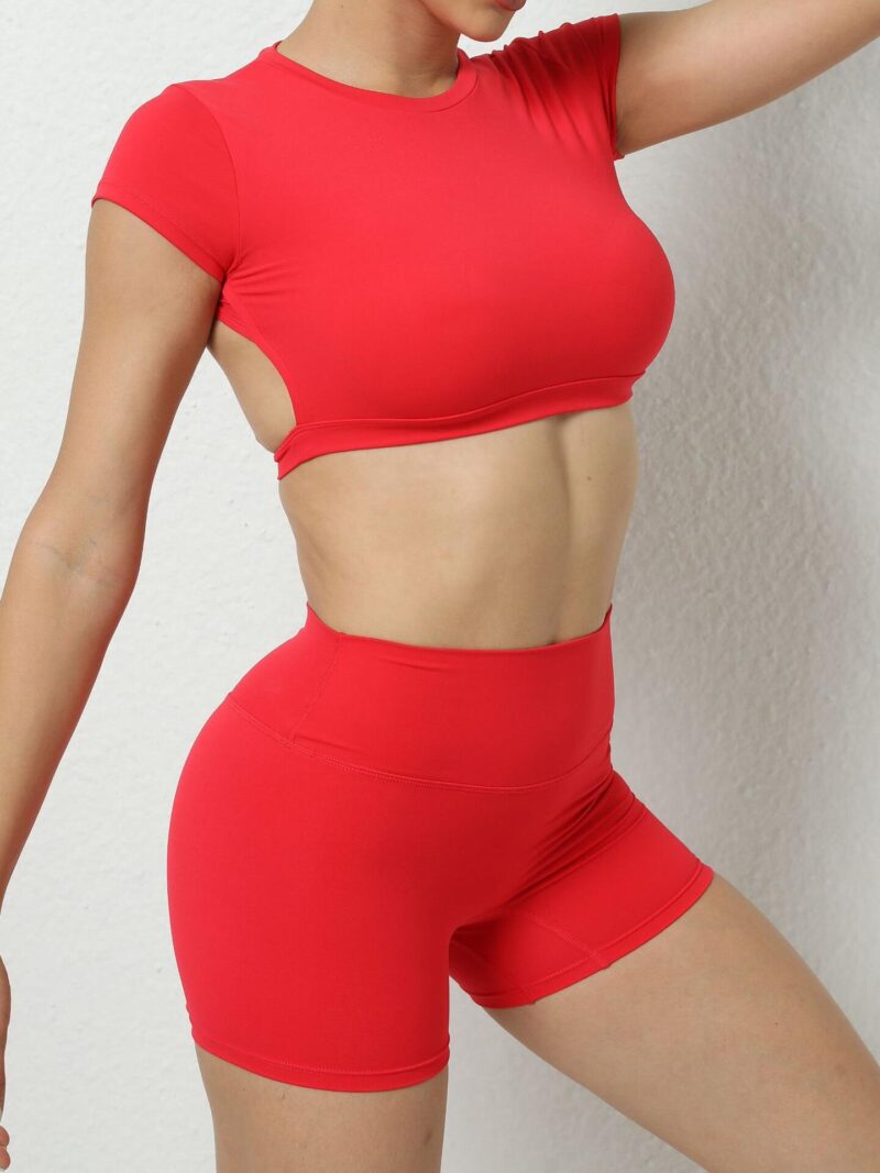 Sultry Backless Sports Crop Top & High-Rise Booty-Hugging Sports Shorts Set - Perfect for Working Out or Showing Off!