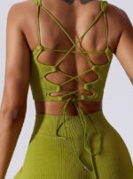 Sultry Ribbed Open Back Strappy Workout Bra | Sexy Mesh Backless Fitness Cami | Alluring Cutout Cross-Back Training Bra