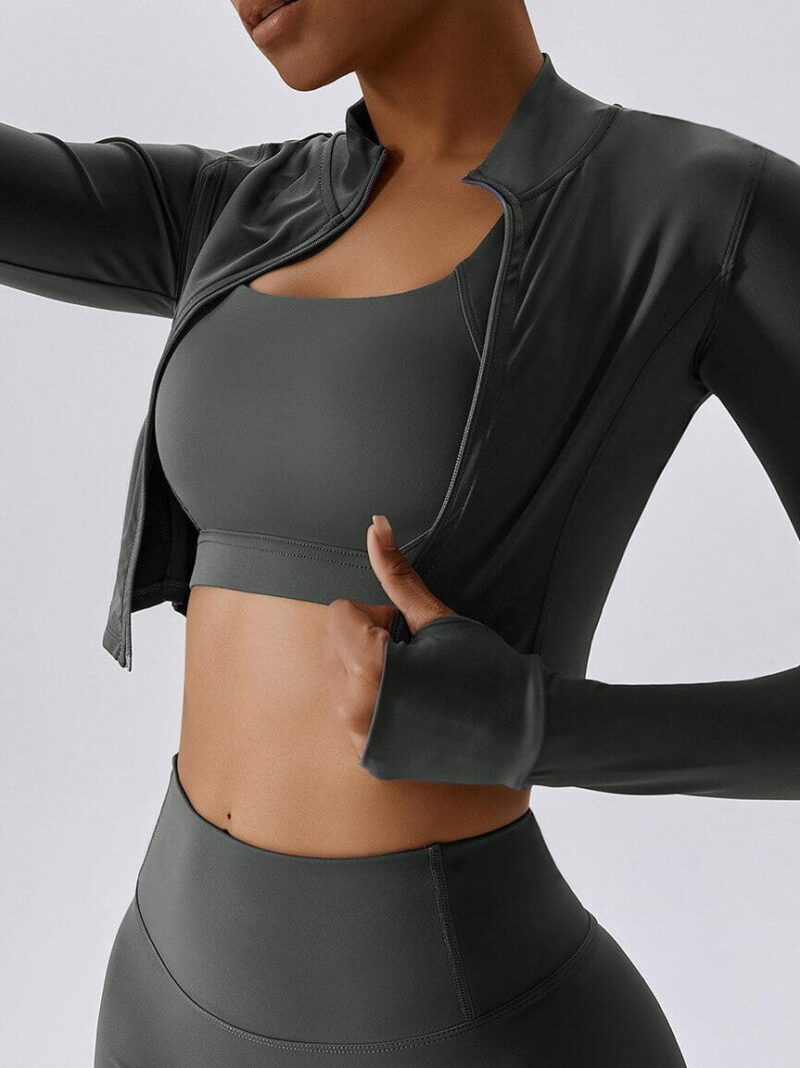 Womens Zippered Activewear Crop Top Sports Jacket with Thumbholes for Ultimate Comfort and Mobility