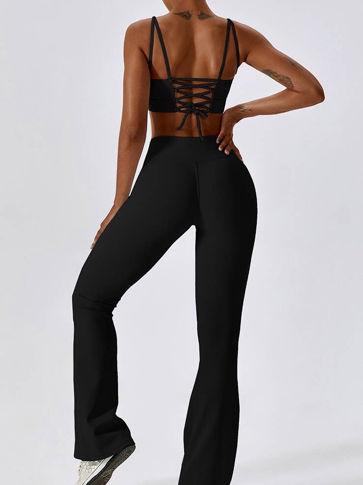 2-Pack Ribbed Backless Athletic Bras with V-Waist Scrunch Butt High-Waisted Booty Flared Leggings - Feel Sexy & Sporty!