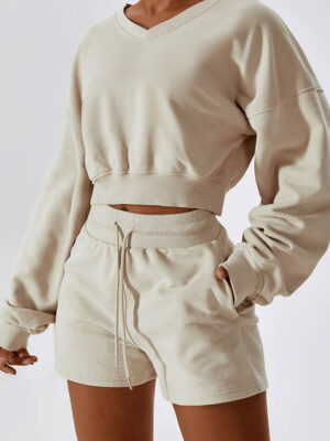 2-Piece Outfit - Athletic Hoodie & Relaxed Drawstring Shorts - Long Sleeve Sporty Top & Comfy Bottoms Set