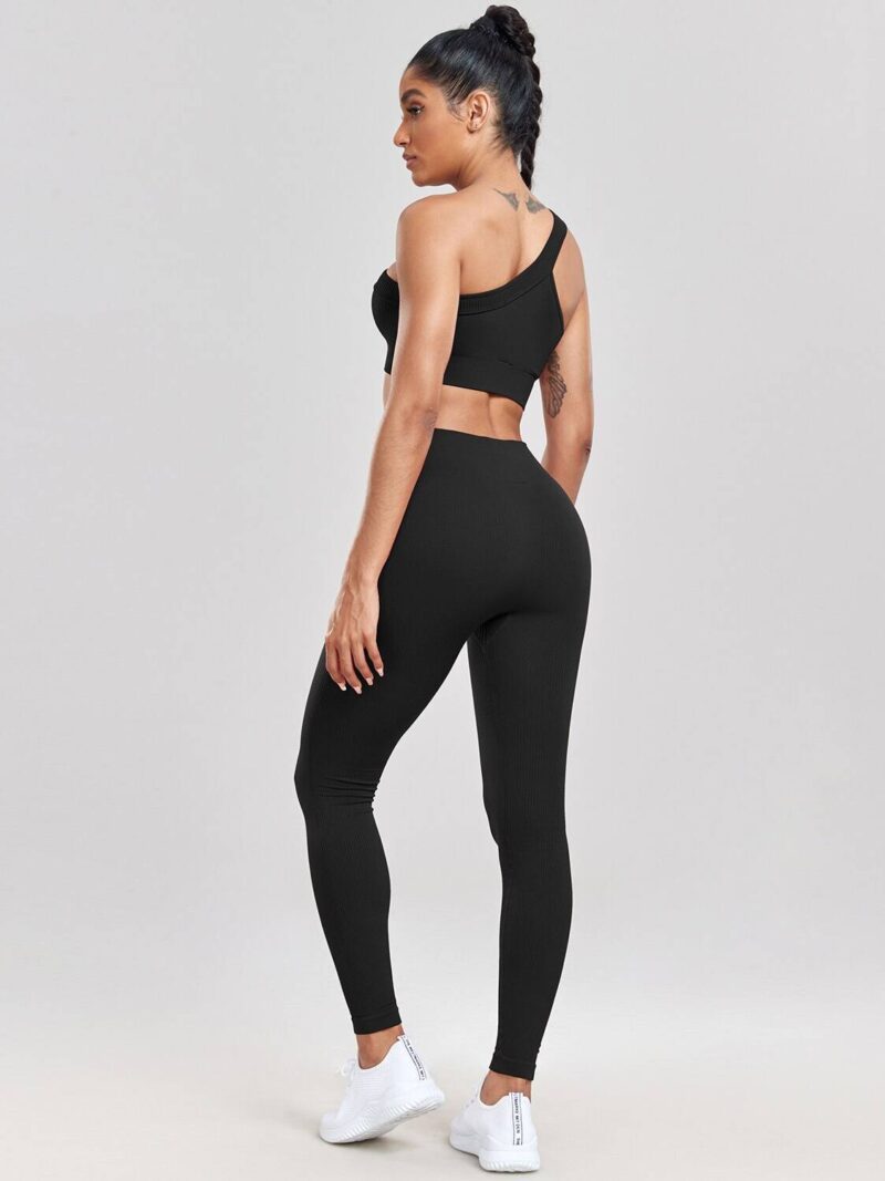 Athletic Apparel Combo: Ribbed One-Shoulder Strap Sports Bra & High-Waisted Leggings Set - Perfect for Working Out in Style!