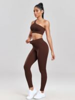 Athletic-Chic Look: Ribbed One-Shoulder Strap Sports Bra and High-Waisted Leggings Set for Women