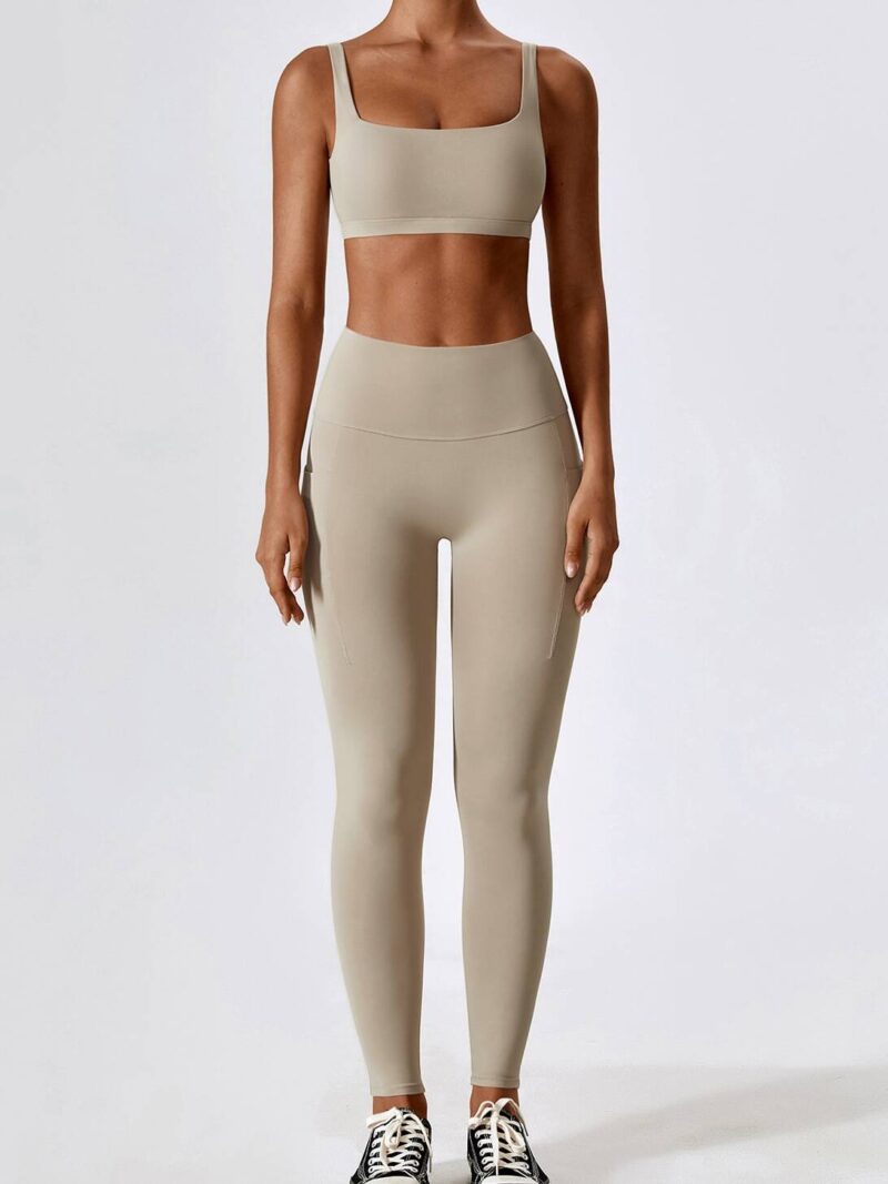 Athletic Luxury: Sexy Square Neck Sports Bra & High Waist Pocket Leggings Set for the Stylishly Sporty Woman