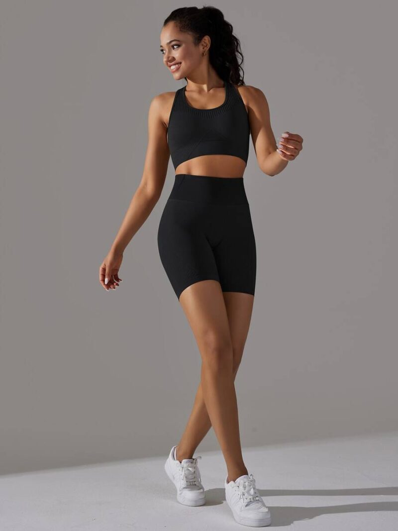 Be Ready to Conquer Your Workout in Our Racerback Padded Sports Bra & High Waist Shorts Set - Comfort and Support for Any Activity!