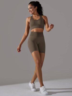 Be Ready to Rock Your Workouts: Sexy Racerback Padded Sports Bra & Flattering High Waist Shorts Set for Maximum Comfort and Support!