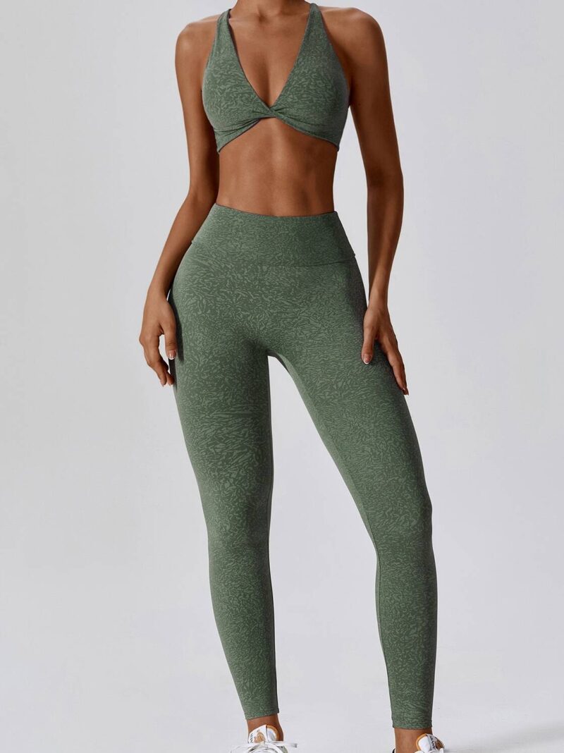 Camouflage Activewear Set: Deep V-Neck Sports Bra & High Waisted Gym Leggings - Athletic Two-Piece Outfit