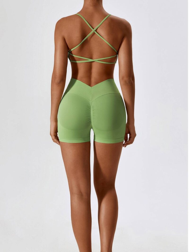 Cross Back Backless Sports Bra & High Waisted Scrunch Booty Shorts - Gym Ready Fitness Outfit Set