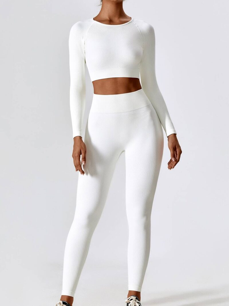 Elevate Your Look with This Fabulous Long-Sleeved Ribbed O-Neck Top & High-Waisted Leggings Set - Perfect for Any Occasion!