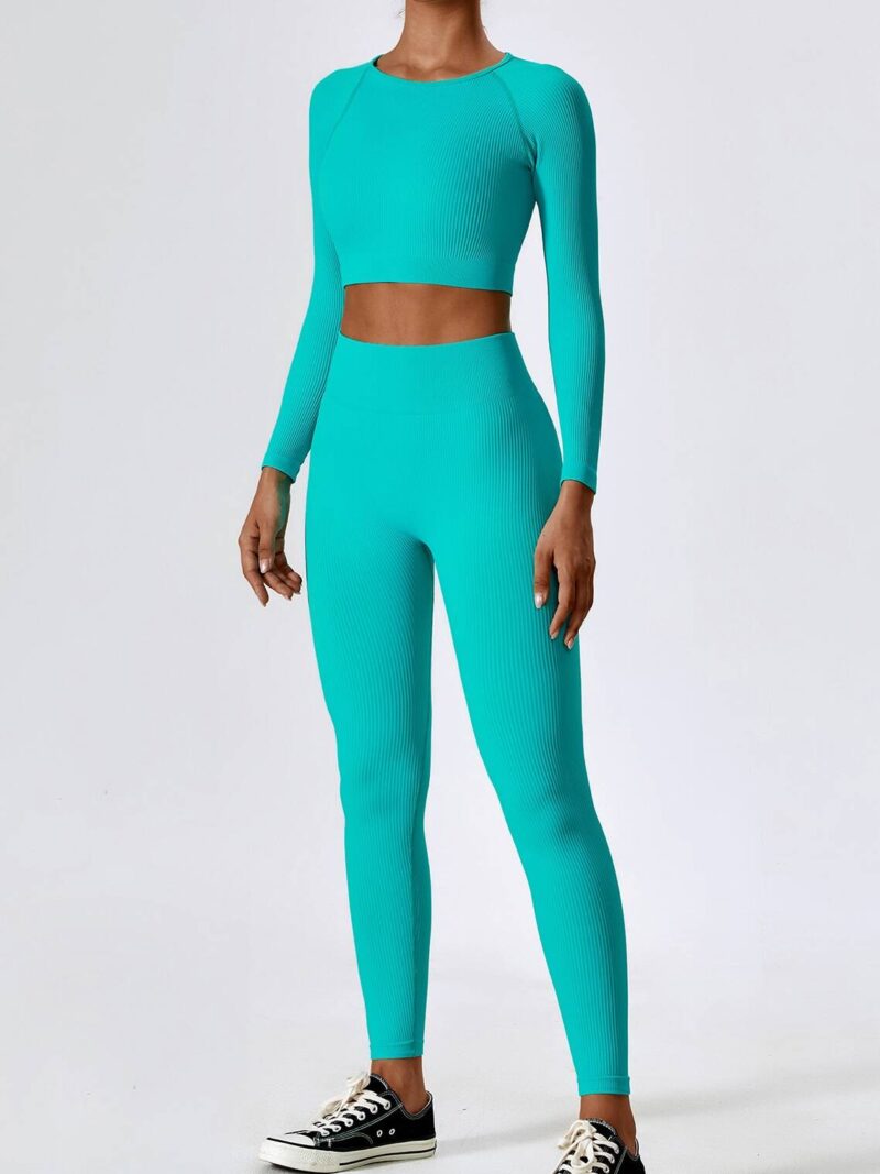 Fashionistas Dream: Long-Sleeved Ribbed O-Neck Top & High-Waisted Leggings Set - Perfect for Stylish Comfort!