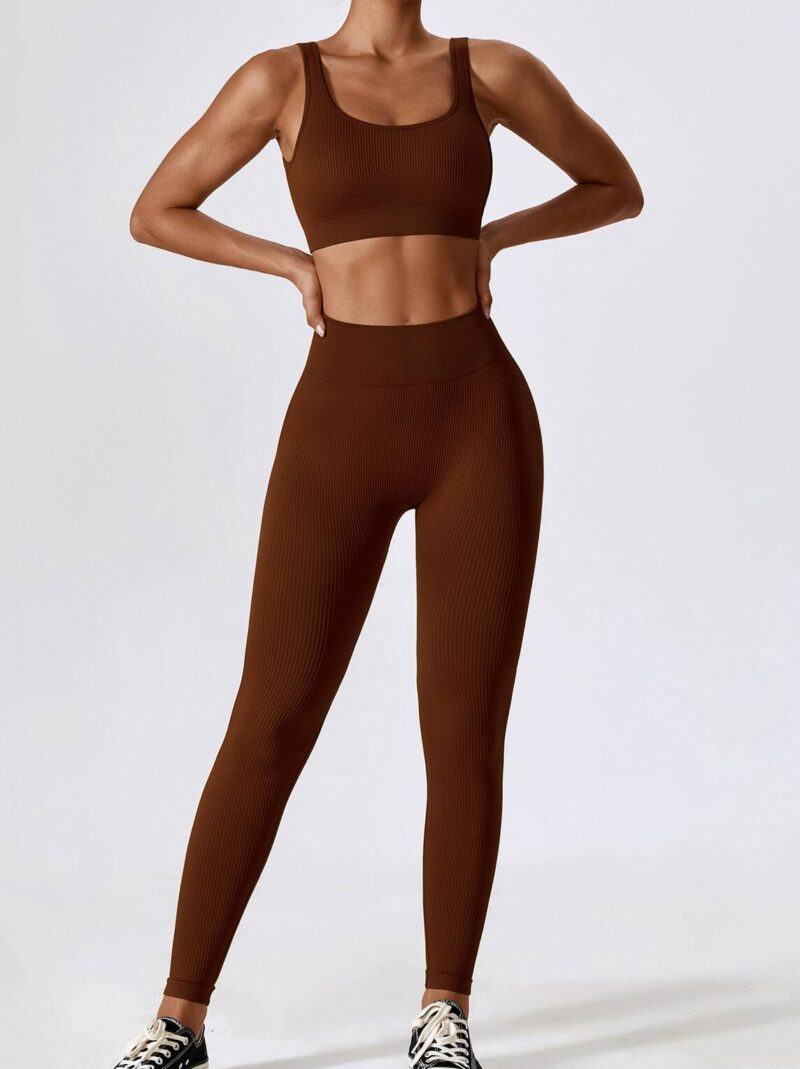 Fitness-Ready Ribbed Square Neck Sports Bra & High Waist Leggings Set - Look Sexy & Get Ready to Sweat!