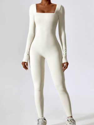 Stylish Womens Square Neck Long Sleeve Yoga Jumpsuit - Perfect for Yoga, Gym, Pilates & Lounging