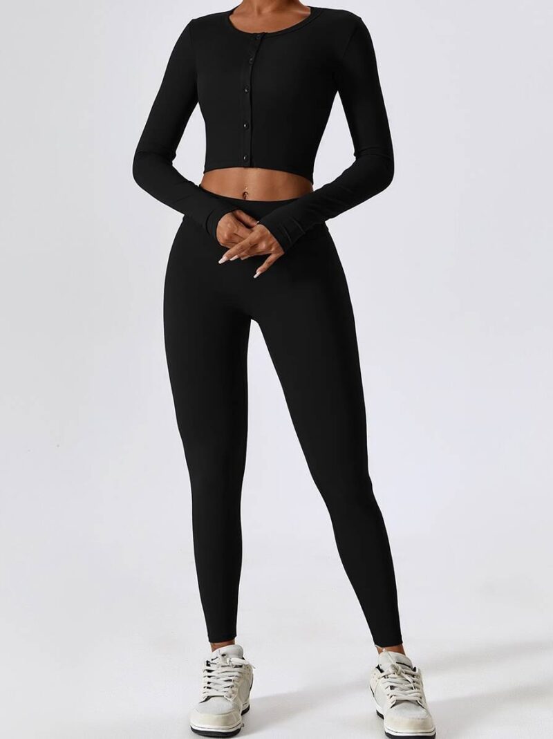 Get Fit in Style! Womens Workout Outfit Set - Long Sleeve Crop Top & High Waist Scrunch Butt Yoga Leggings for Exercise and Fitness